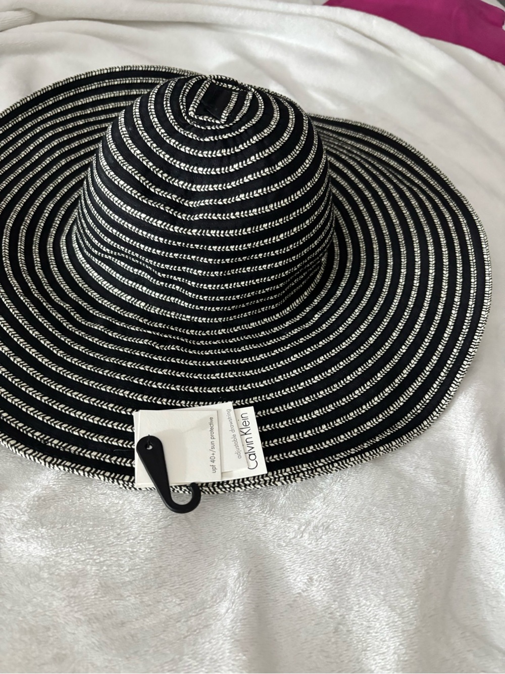 Calvin Klein Black and White Striped Wide-Brim Sun Hat